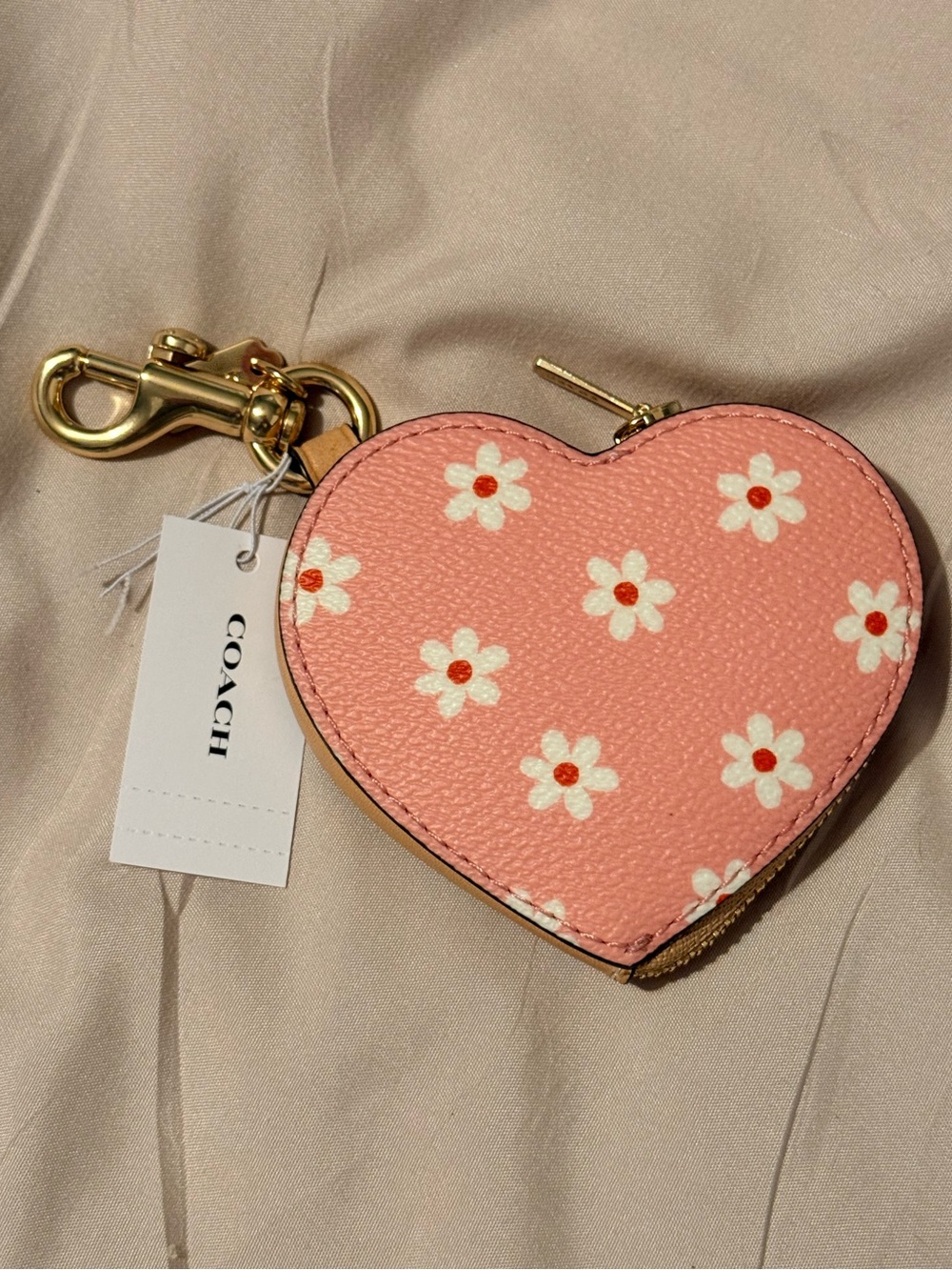 Coach heart bag charm floral print gold pink multi CEU35